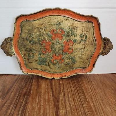 Bandeja para servir de madera florentina italiana vintage naranja dorado asas de 17"x11" Foto 1 de 4
