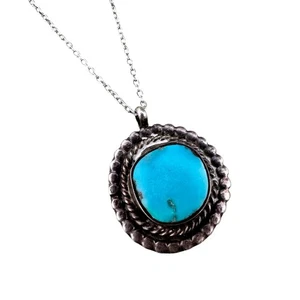 Vintage Sterling Silver Round Turquoise Navajo Necklace 925 Native Southwest 18” - Bild 1 von 6
