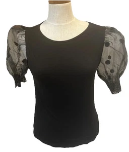 Marc New York Andrew Marc Black Sheer Polka Dot Blouse Puffy Sleeves Small NWT - Picture 1 of 12