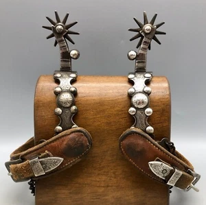 Antique Pair Of Double Mounted California Style Spurs With Straps - Picture 1 of 14