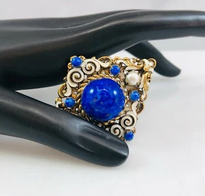 Antique Czechoslovakia Pin Brooch White Enamel Swirls Lapis Lazuli&Pearl Stones  - Picture 1 of 7