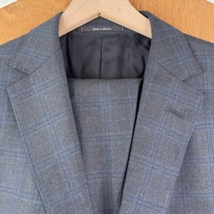 ZZegna Suit Mens 44L Gray Windowpane 2 Button 100% Wool Pants 36x30 Canvas MINT - Picture 1 of 21