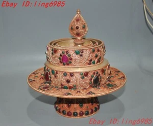 Tibet bronze Gilt silver Filigree gem Sacrifice Manza plate Mandala FaQi Set - Picture 1 of 7