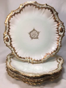 (4) c1900's PHL Limoges Double-Gold Light Green 9.25 Inch Scalloped PLATES - Picture 1 of 11
