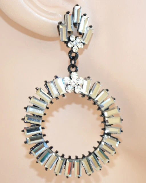 Orecchini donna cerchi pendenti base nera cristalli argento trasparenti U115X - Immagine 1 di 1