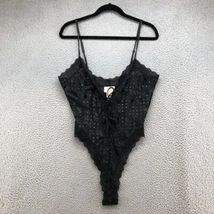 Vintage Victorias Secret Teddy Lingerie Womens Large Black Lace Velvet Thong - Picture 1 of 14
