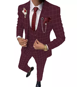 Mens 3 Piece Suits Wedding Groom Bestman Party Prom Plaid Tuxedos Suit 42r 46r - Picture 1 of 9