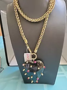 Betsey Johnson VTG HUGE Puffy Black Crystal Studded Heart Necklace NWT FREE SHIP - Picture 1 of 23