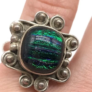 Vintage 925 Serling Silber Blau Grün Dichroitischer Glas Stein Grob Ring Größe 6 - Bild 1 von 4