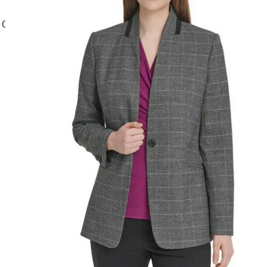 DKNY  Women's Gray Plaid One Button Blazer Jacket Size 12 - Image 1 of 1
