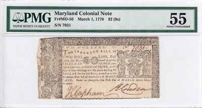 March 1st, 1770 Maryland $2 Colonial Note FR#MD-56 PMG AU 55 Stains S/N 7031 - Image 1 of 2
