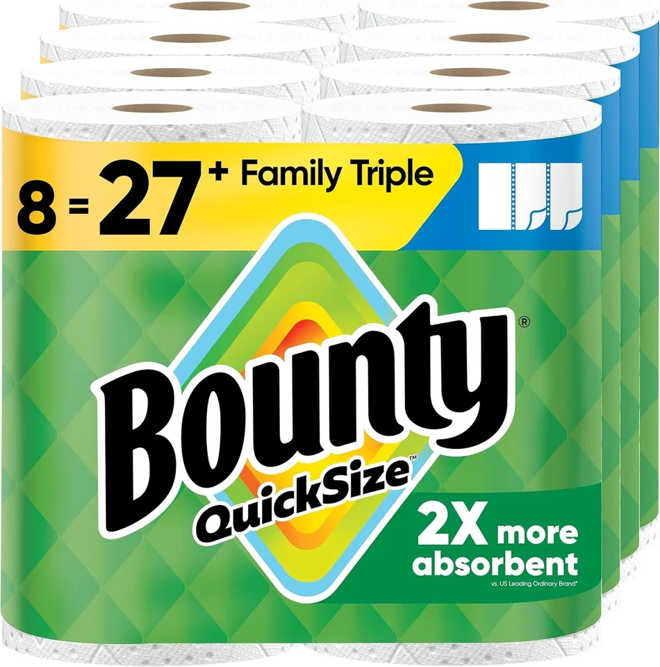Toallas de papel Bounty tamaño rápido blancas 8 rollos triples familiares = 27 rollos regulares Foto 1 de 4