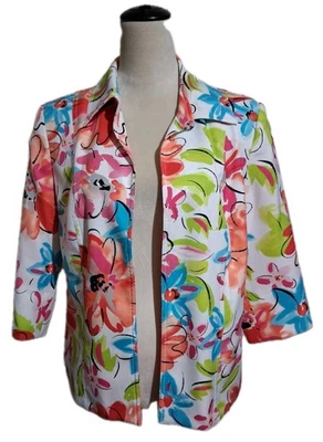 Chaqueta Kim Rogers Floral Manga 3/4 Frente Abierto Talla 10 Blanco Rosa Naranja Azul Foto 1 de 4