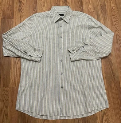 Camisa Ermenegildo Zegna Para Hombre XL Beige Azul Rayas Lino Algodón Abotonada Pavo Foto 1 de 4