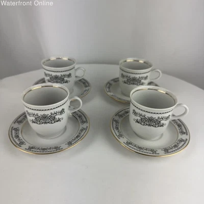 Vintage Henneberg Porzelan 1777 Teacups White Black Floral Set of 6 - Image 1 of 4