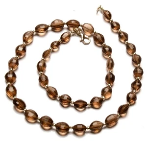 Natural Smoky Quartz Gemstone 8 to 11 mm Faceted Nugget Shape Beads 17" Necklace - Picture 1 of 11