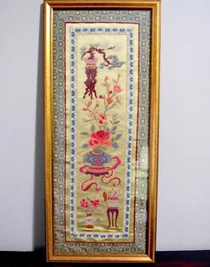 Vintage japanische handgestickte auf Seide gerahmte Wandkunst Vasen, Blumen - Bild 1 von 10
