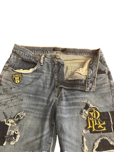 RALPH LAUREN Relaxed Taper Patchwork Logo Denim Blue Jeans Luxury Stretch Sz 10 - Picture 1 of 21
