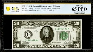 1928 B $20 Dollar Federal Reserve Note Chicago PCGS 65 PPQ Gem Serial G15840990A - Picture 1 of 2