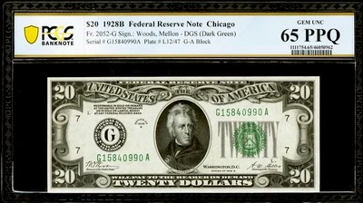 1928 B $20 Dollar Federal Reserve Note Chicago PCGS 65 PPQ Gem Serial G15840990A - Image 1 of 2