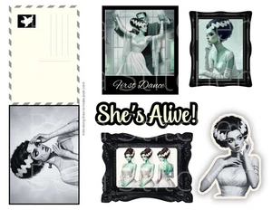 Set of 7 Vintage Retro Halloween Bride of Frankenstein #2 Ephemera Stickers - Picture 1 of 1