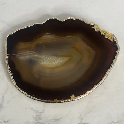 Vtg Cut Polished Agate Geode Slab Belt Buckle Gold Tone Border Brown - Image 1 of 2