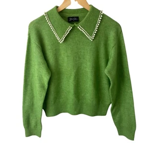 Maglione maglia colletto con accenti di perle M verde pullover preppy silenzioso lusso - Foto 1 di 8