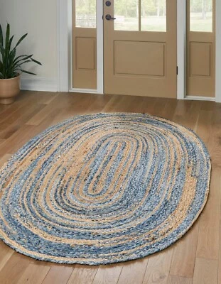 Oval Rug Natural Jute Denim Carpet Rustic Look Living Floor Mat Modern Area Rug - Image 1 of 4