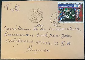 1982 Chad #408 on cover, N'Djamlna to US; postage due marking; 1984 Olympics  *d - Picture 1 of 2