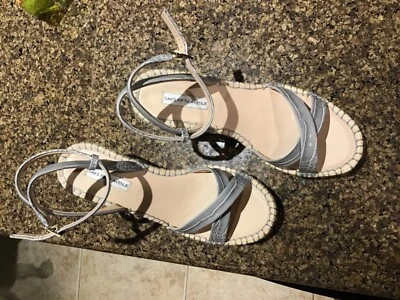 NEW Saks Fifth Avenue Navaro Wedge Sandals Size 8.5 Pearl Gray Strappy Heels - Image 1 of 4