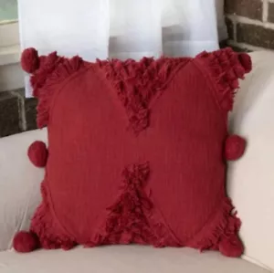 NEW! Set/2 Red Cotton Accent Pillows With Pom Poms & Fringe Detail 18" Square - Picture 1 of 2