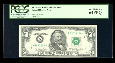 DBR 1977 $50 FRN Boston STAR Fr. 2119-A* PCGS 64 PPQ Serial A02017194* - Image 1 of 2
