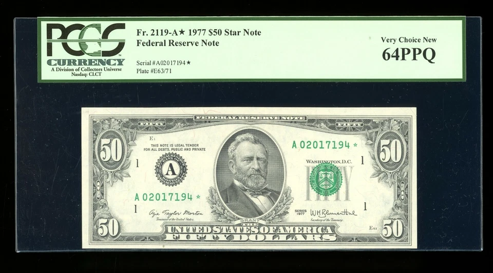 DBR 1977 $50 FRN Boston STAR Fr. 2119-A* PCGS 64 PPQ Serial A02017194* - Image 1 of 2