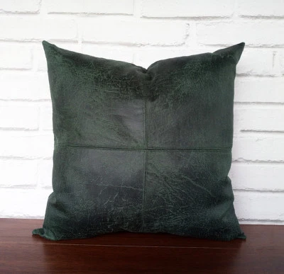 Dark green faux leather patchwork cushion cover 45x45cm pillow cover-1QTY - Image 1 of 4