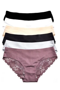 6 Mutandine donna pizzo taglio laser basso bikini intimo misto tinta unita S M L XL - Foto 1 di 3