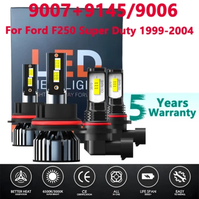 For Ford F250 Super Duty 1999-2004 Combo 9007 LED Headlight 9145 Fog Bulbs - Image 1 of 4