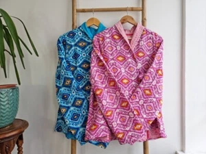 2 Pcs Handmade Kantha Jacket, Soft Cotton Kantha Quilted jacket Bathrobe Kimono - Picture 1 of 6