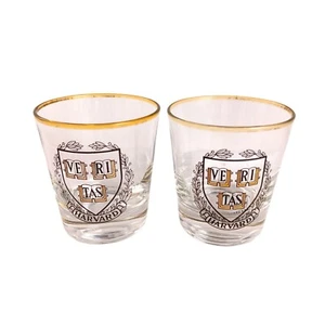 Set of 2 - Vintage Harvard University VE RI TAS Crest Gold Trim Low-Ball Glasses - Picture 1 of 6