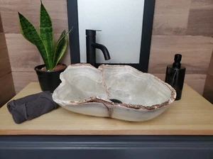 Fregadero de baño de ónix blanco, marfil y gris, piedra pulida de 16 x 15 pulgadas - Imagen 1 de 13