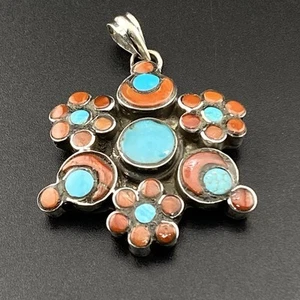 Stunning Handmade Unique Flower Shaped Turquoise Coral Amazing S925 Pendant - Picture 1 of 8