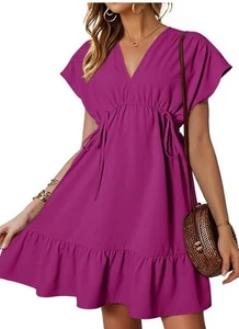 Summer Dress Short Sleeve V Neck Empire Waist Drawstring Mini Babydoll Size L - Picture 1 of 9