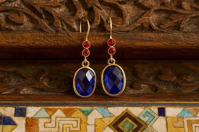 Pendientes Museo Geométricos Oro 18k Azul Ovalado Corte De Colección Estilo Cristal Circonita Roja Foto 1 de 4