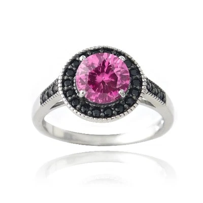 925 Silber 1.6ct Synthetischer Rosa Saphir & Schwarz Spinell Rund Ring - Bild 1 von 3