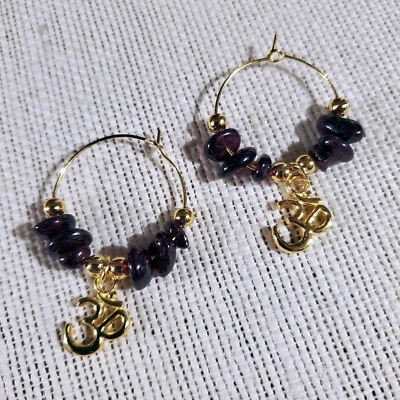 Gemstone Yoga Om Mantra Hoop Earrings 14K Gold Plated Garnet - Image 1 of 4
