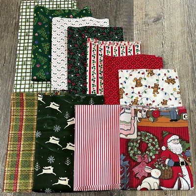 Christmas Cotton Fabric Bundle 11pcs-1lb-3.5 yards Santa Bear Holly Tree Stripes - Image 1 of 2