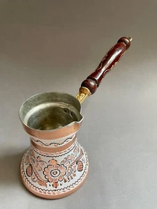 Exquisite Floral Hand-Carved Copper Turkish Coffee Pot - Medium Size, Wooden Han - Picture 1 of 15