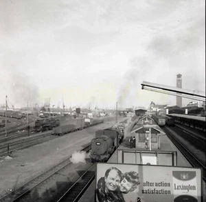 Steam Locomotives / Freight Cars @ Yard Scene - Vintage Railroad Negative - Picture 1 of 2