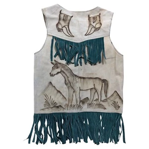 Vtg Kids Fringed Leather Burning Horse Western Cowboy Vest Size 8 Handmade - Picture 1 of 11