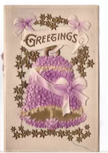 Flowers, Stars, Bell, Bas Relief, Vintage Die Cut Christmas Greetings Card - Foto 1 di 5