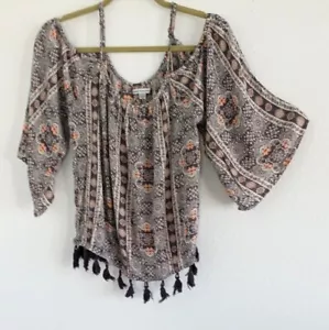 Camicetta American Eagle Outfitters marrone grigia spalle fredde orlo nappa taglia media - Foto 1 di 7
